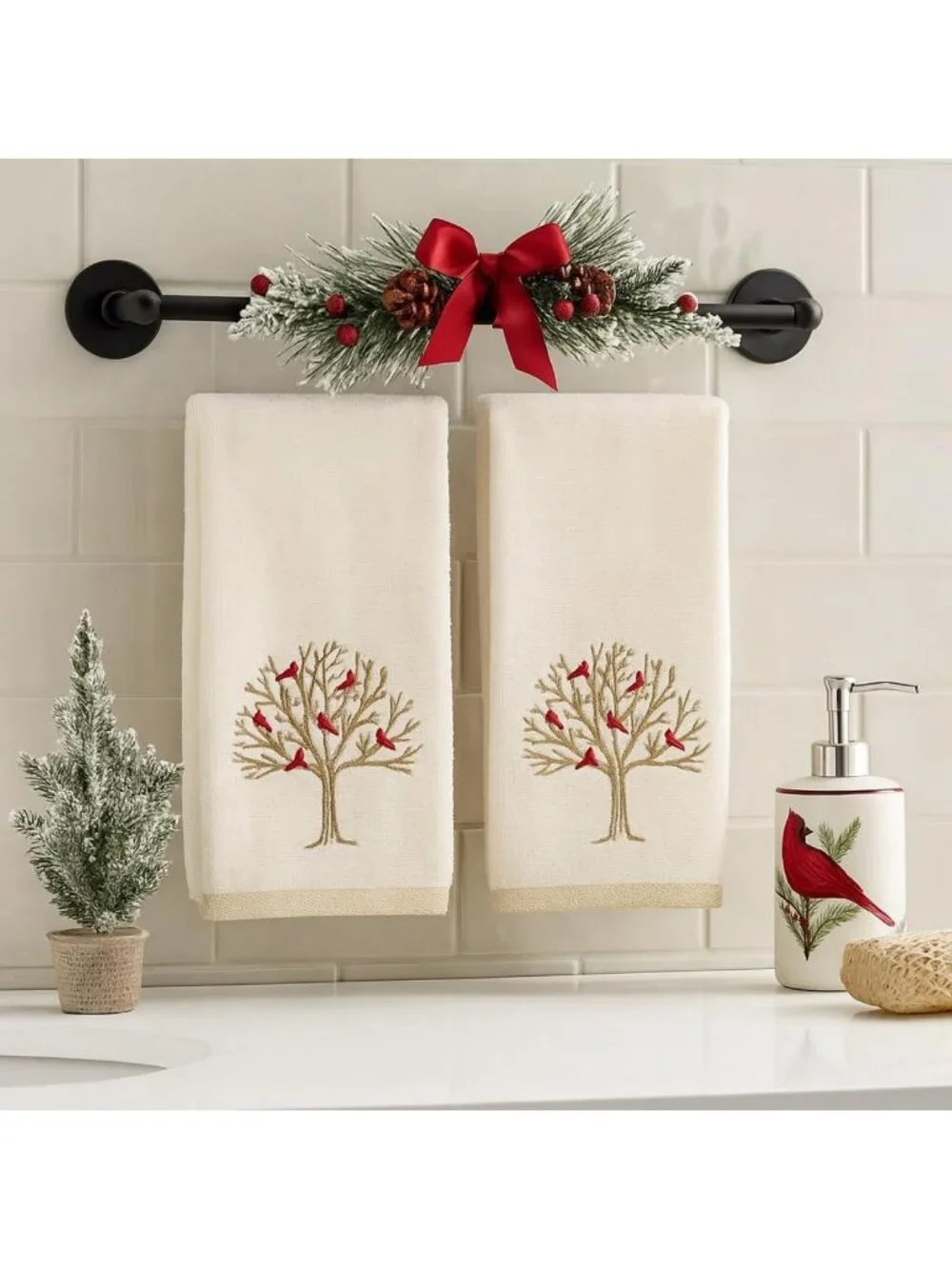 Embroidered Cardinal Hand Towels Set of 2 - Fall Tree Design, 100% Cotton, Ivory